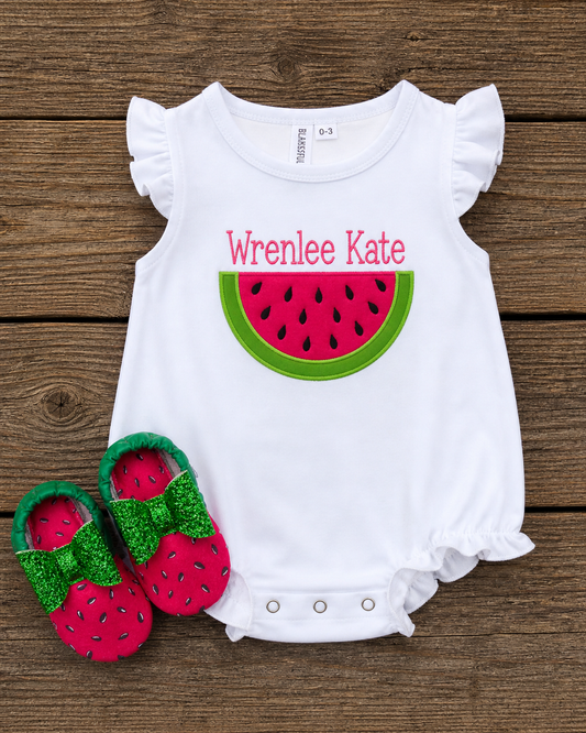 Watermelon flutter sleeve appliquéd romper🍉